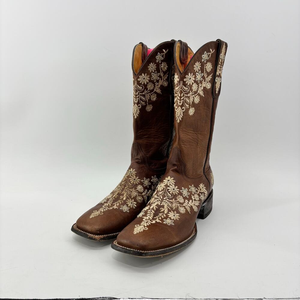 Cavender's Woman Size 10 Western Boots Chestnut Brown Floral Embroidery Leather